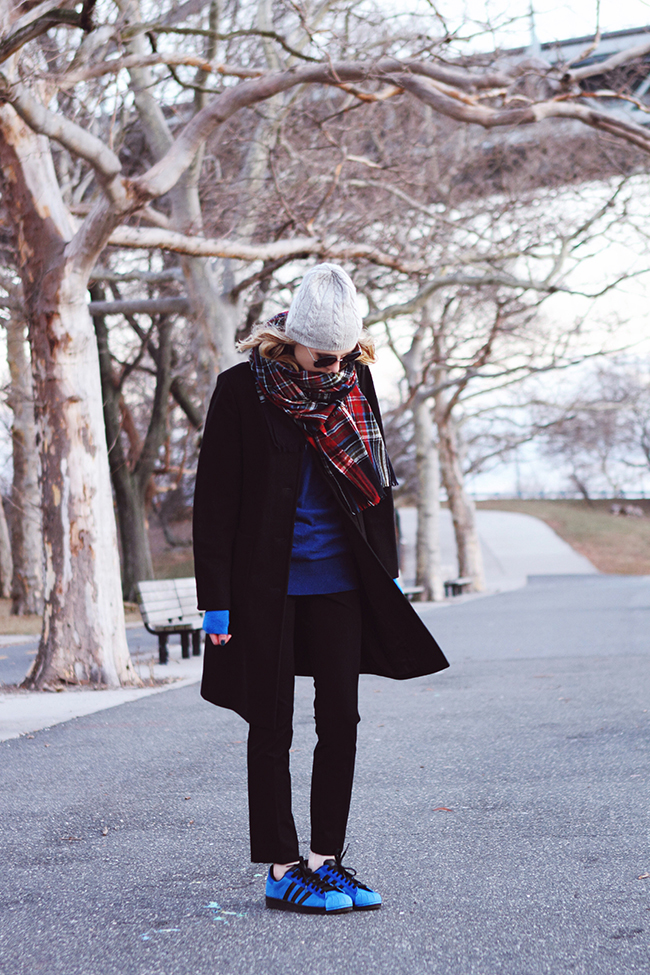 "Bare Ankles" by Victoria of thewindofinspiration.com // #twoistyle #thewindofinspiration #ootd #outfitoftheday // wearing J.Crew classic fit wool coat, C. Wonder turtleneck sweater, Banana Republic sloan-fit black straight leg pants, adidas Originals Superstar sneakers in blue