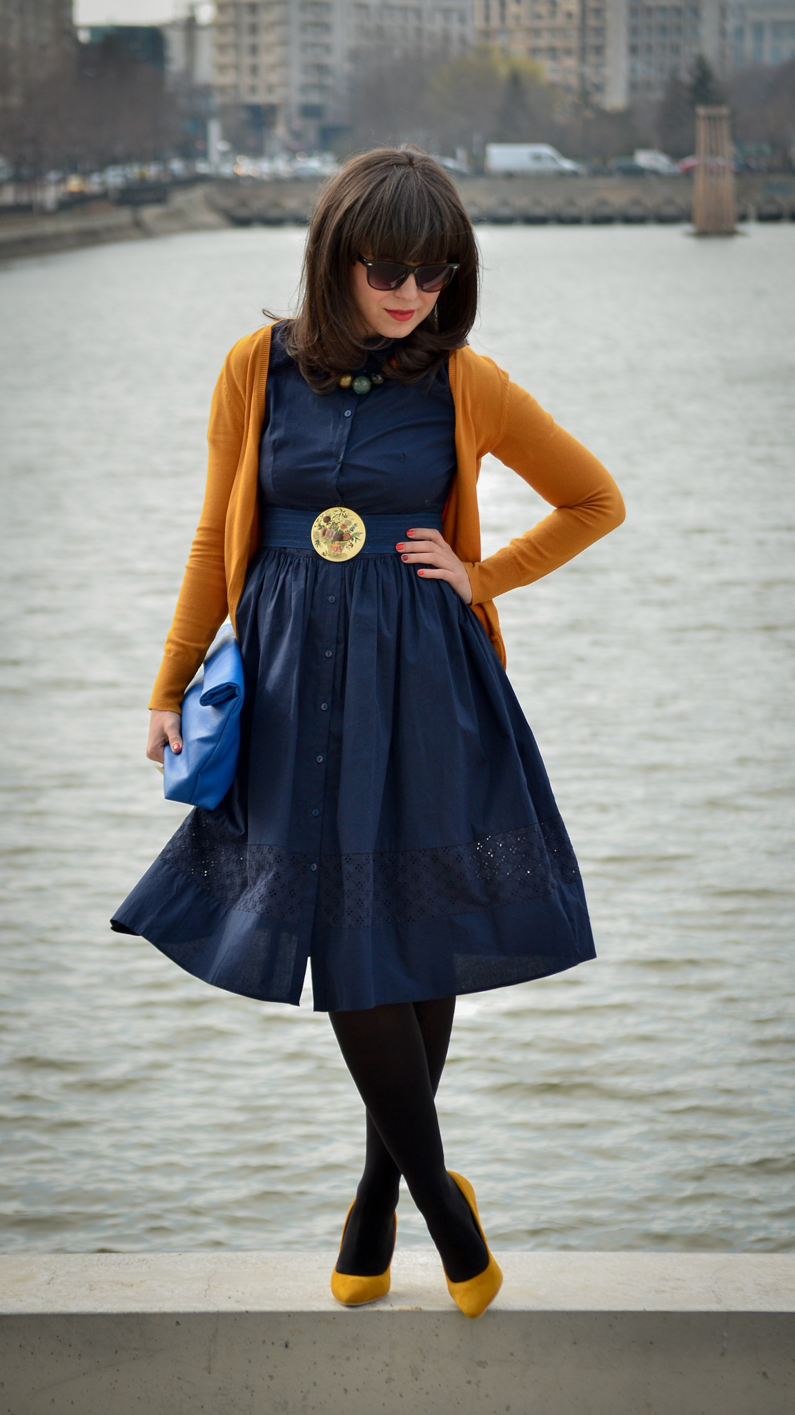 spring outfit navy dress 50s style mustard cardigan c&a thrifted belt cobalt blue clutch new yorker poema mustard heels 