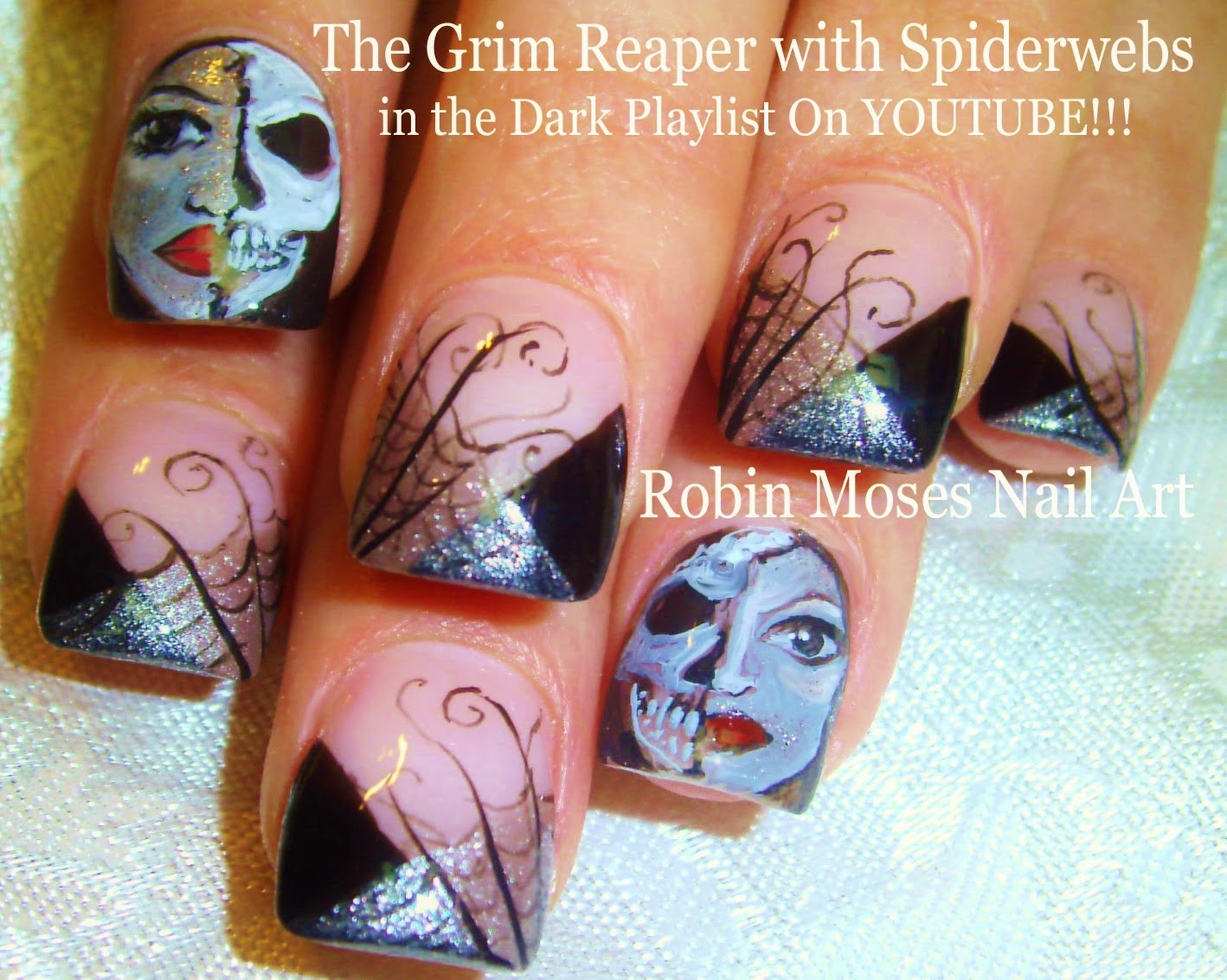Nail Art By Robin Moses Grim Reaper Nails Halloween Nail Art Spider Web Nails Cool Halloween Ideas Halloween Clip Art Halloween Nails Mask Nails Silver And Black Nails