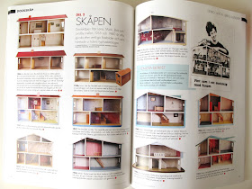 Internal pages of the magazine Retro Klassiker Leksaker Design i Dockskåpet, showing a selection of  vintage dolls' houses by Lerro, Lundby and Brio.