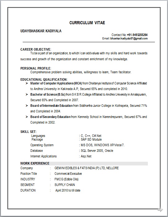 sap sd sample resumes