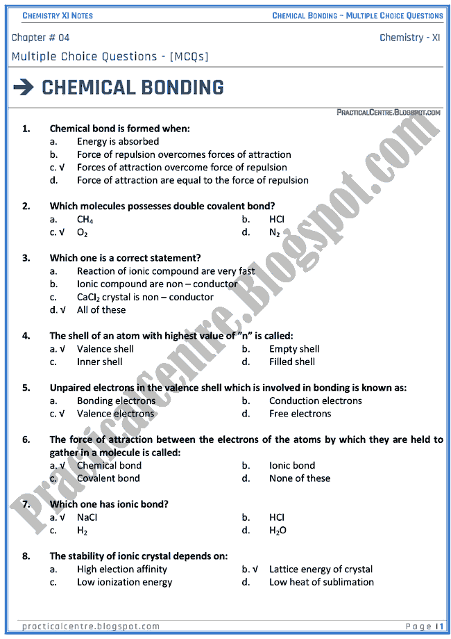 Chemical Bonding - MCQs - Chemistry XI