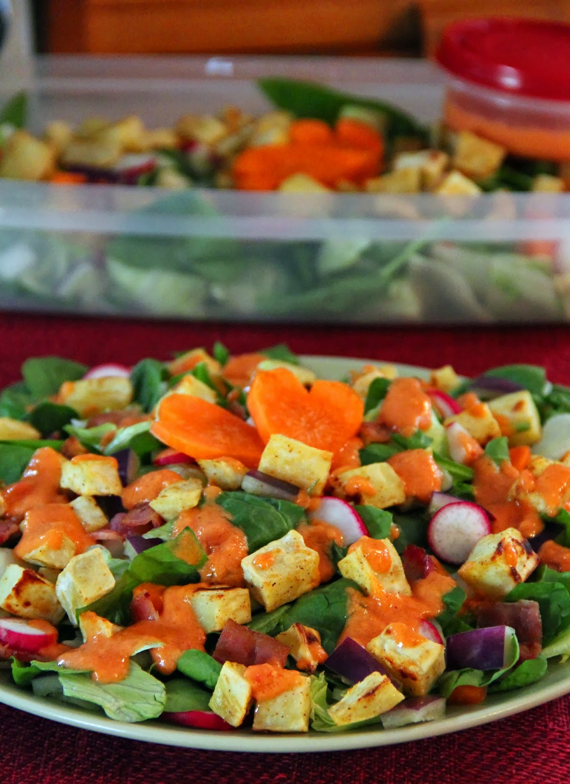 Jo and Sue Sweet Potato Green Salad With Tomato Curry Dressing