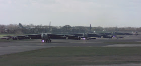 ROYAL AIR FORCE FAIRFORD, England -- Three B-52 Stratofortresses from Barksdale Air Force Base, La., taxi to the runway here