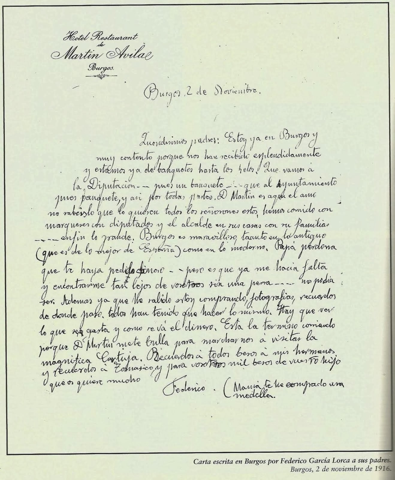 carta de GARCÍA LORCA DESDE BURGOS. Año 1916