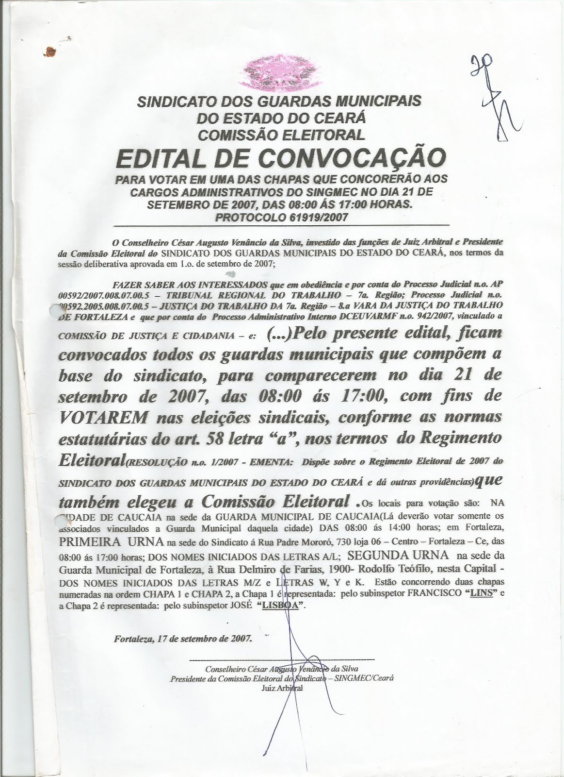 DOCUMENTO HISTÓRICO EDITAL DE CONVOCAÇÃO NA ELEIÇÃO DE 2007 - ÁRBITRO CÉSAR VENÃNCIO