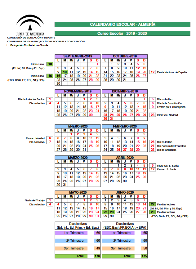 CALENDARIO ESCOLAR - ALMERÍA CURSO ESCOLAR 2019 - 2020