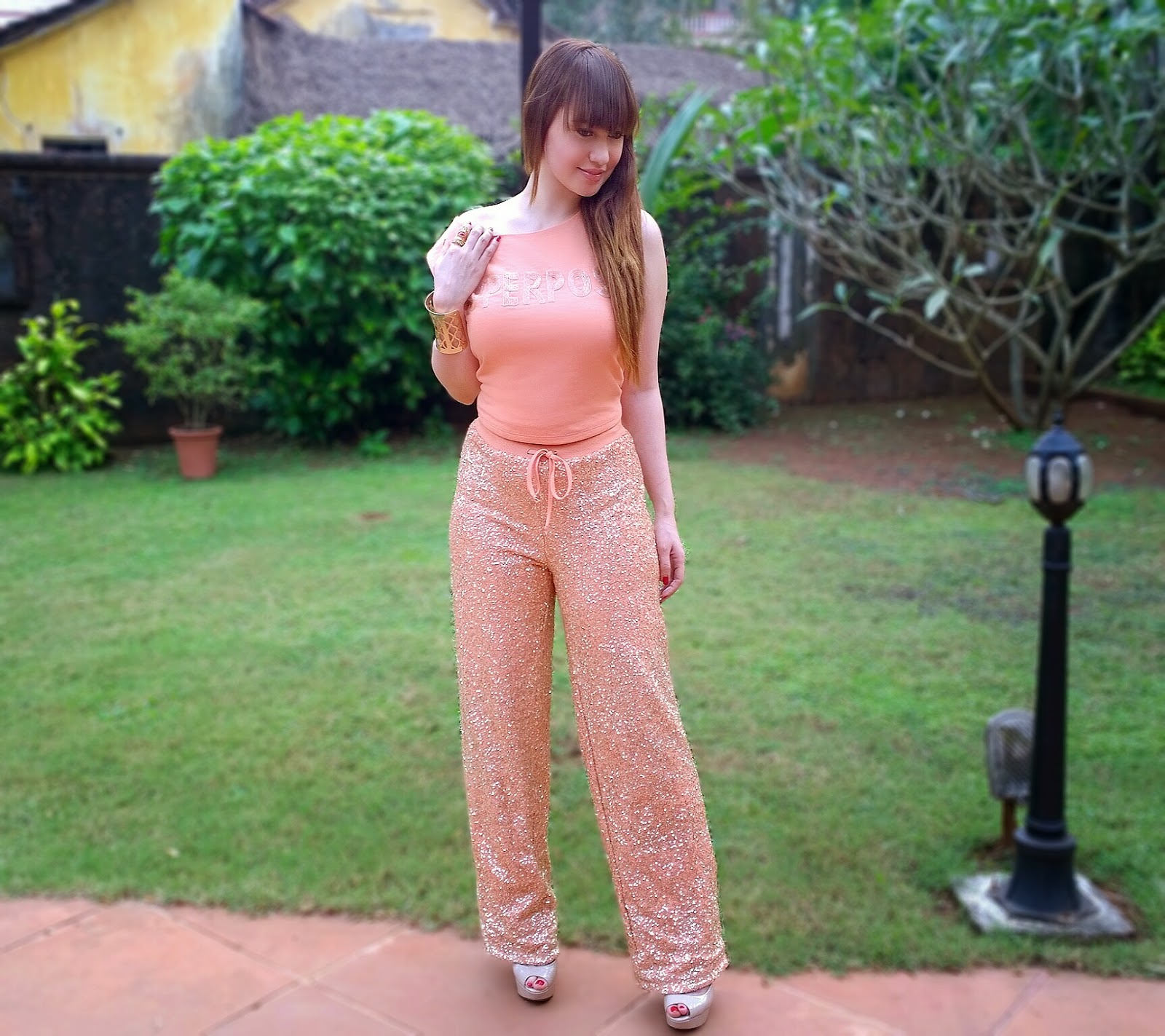 Sports Luxe ,peach tank top & sequin track-pants