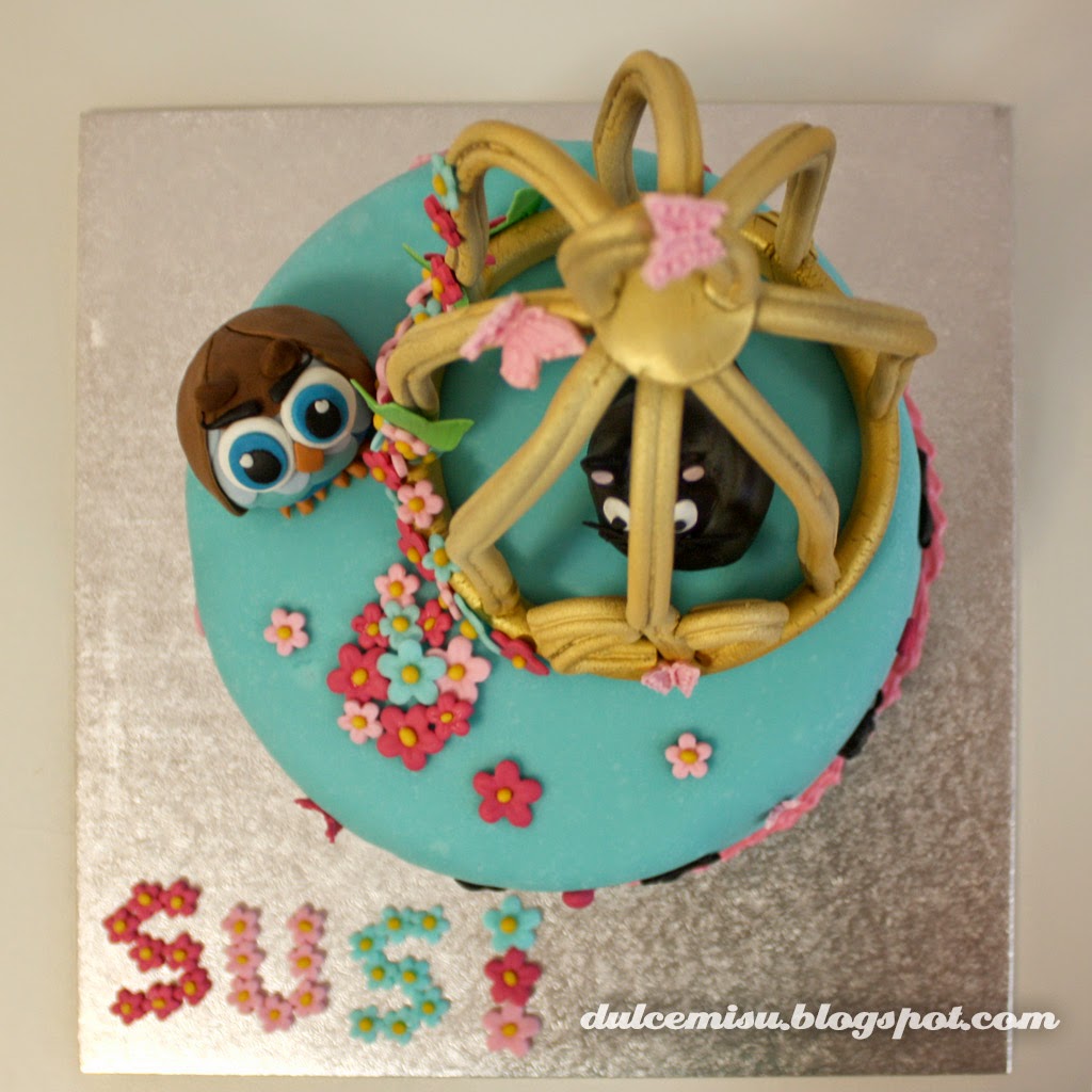 tarta, cumpleaños, jaula, gato, búho, fondant, dulcemisu, flores, reposteria creativa