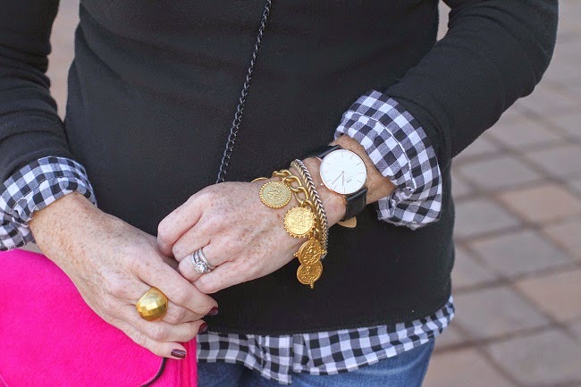 julie vos coin bracelet, daniel wellington watch, loeffler randall clutch