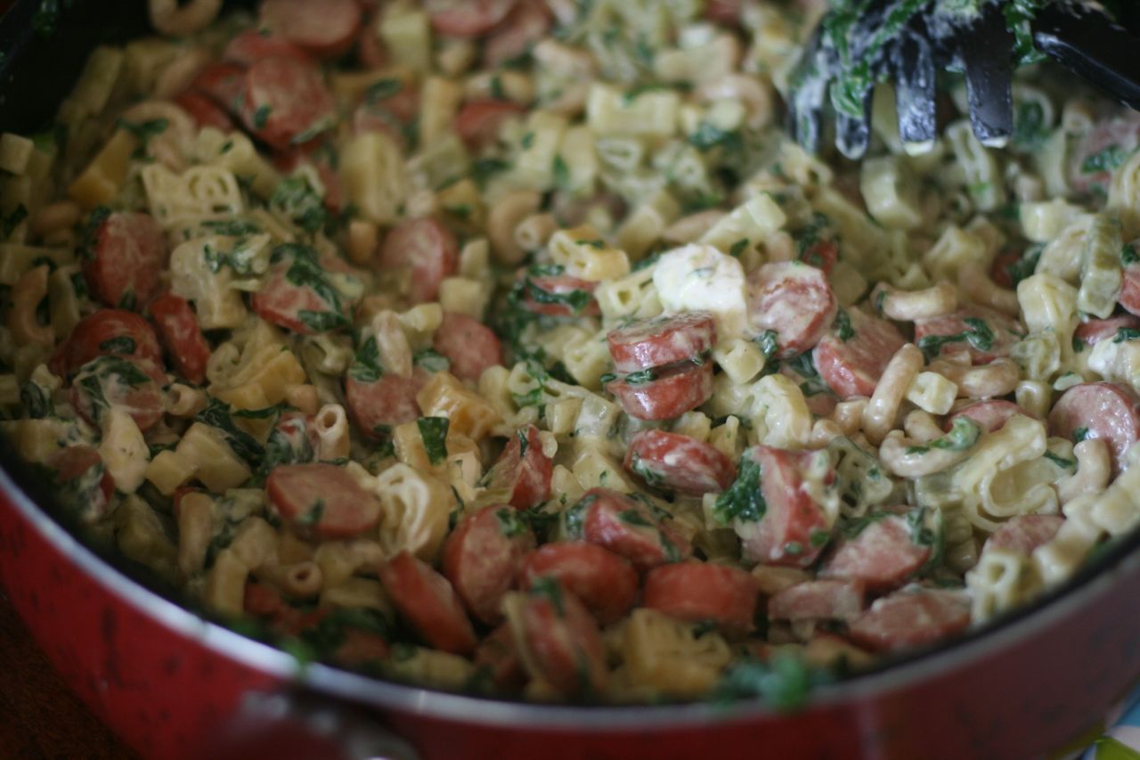 Recipe Shoebox Mommy's 20Minute Spinach, Hot Dog, and Cream Cheese Pasta