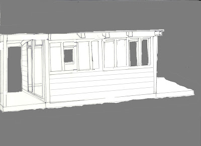 Outline of a shed split down the middle ,with two windows on each side of the front, weatherboarding,  and a deck on each side. The background is coloured grey to show placement of windows and doors at the side and rear.