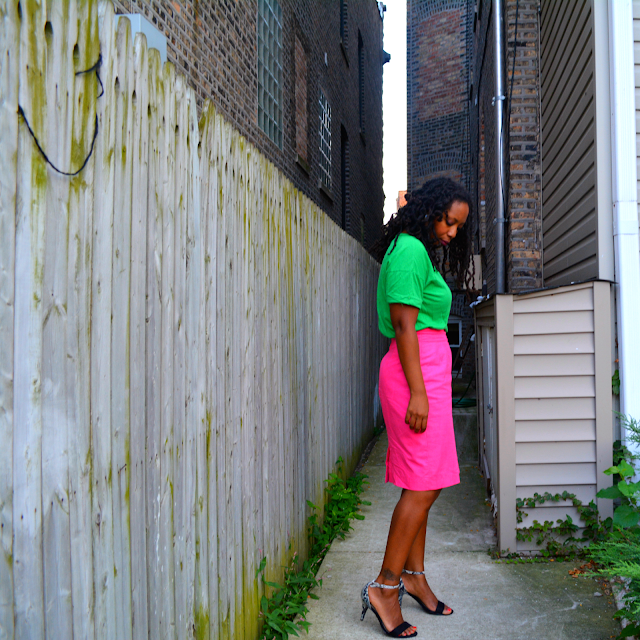 thrift fashion green tee and pink pencil skirt