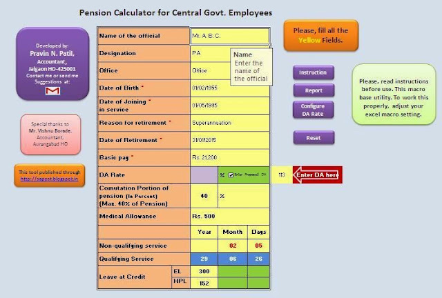 Pension Calculator By Pravin Patil Updated on 24.02.2015 | PO Tools