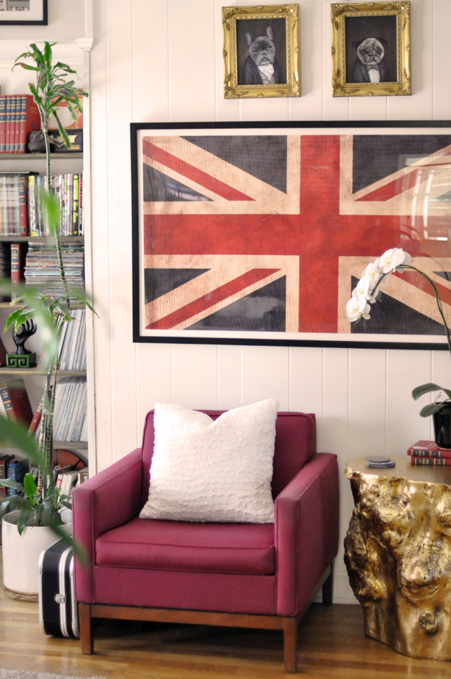 home decor, union jack flag print, vintage modern chairs, gold stump side tables, victorian dog portraits