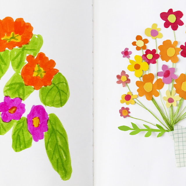 2x2 Sketchbook, 2x2, sketchbooks, Dana Barbieri, Anne Butera, sketches, collage, spring flowers