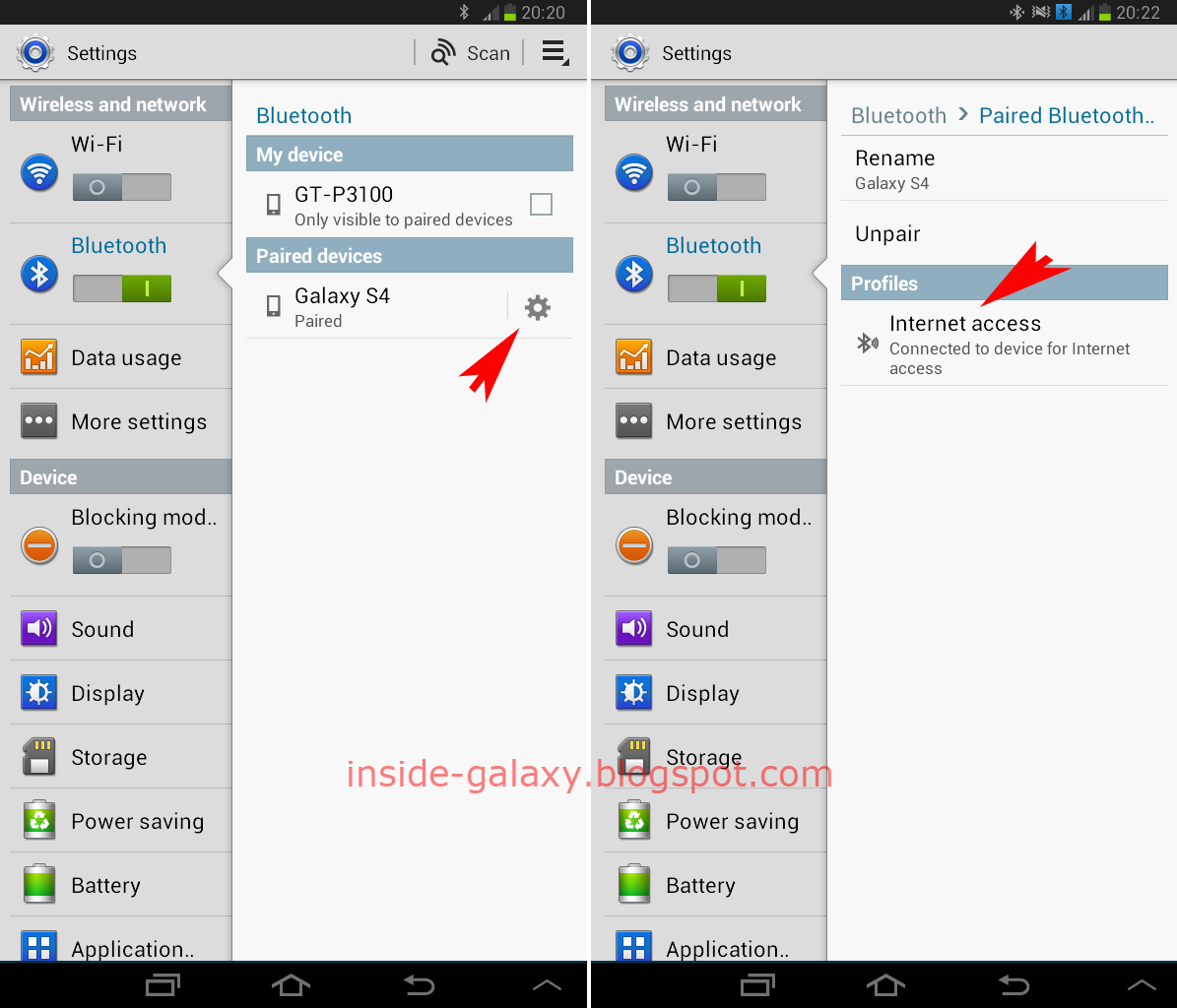 Inside Galaxy Samsung Galaxy S4 How to Share Mobile Data Connection Via Bluetooth in Android 4