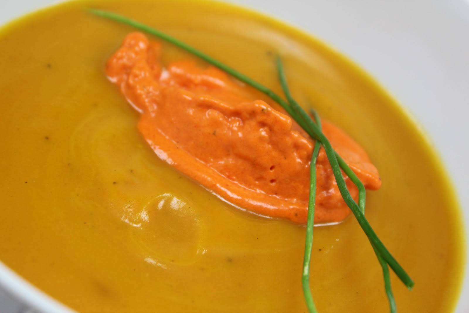 Thyme In Our Kitchen Pumpkin Soup with Red Pepper Mousse