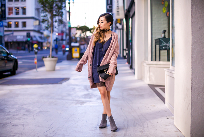 Shall We Sasa Fall uniform Lucy paris slip dress, slip dress, free people v neck cardigan, hush puppies ankle boots, whiting and davis bag, baublebar choker, fall essential, fall uniform, san francisco fashion blog, san francisco street style