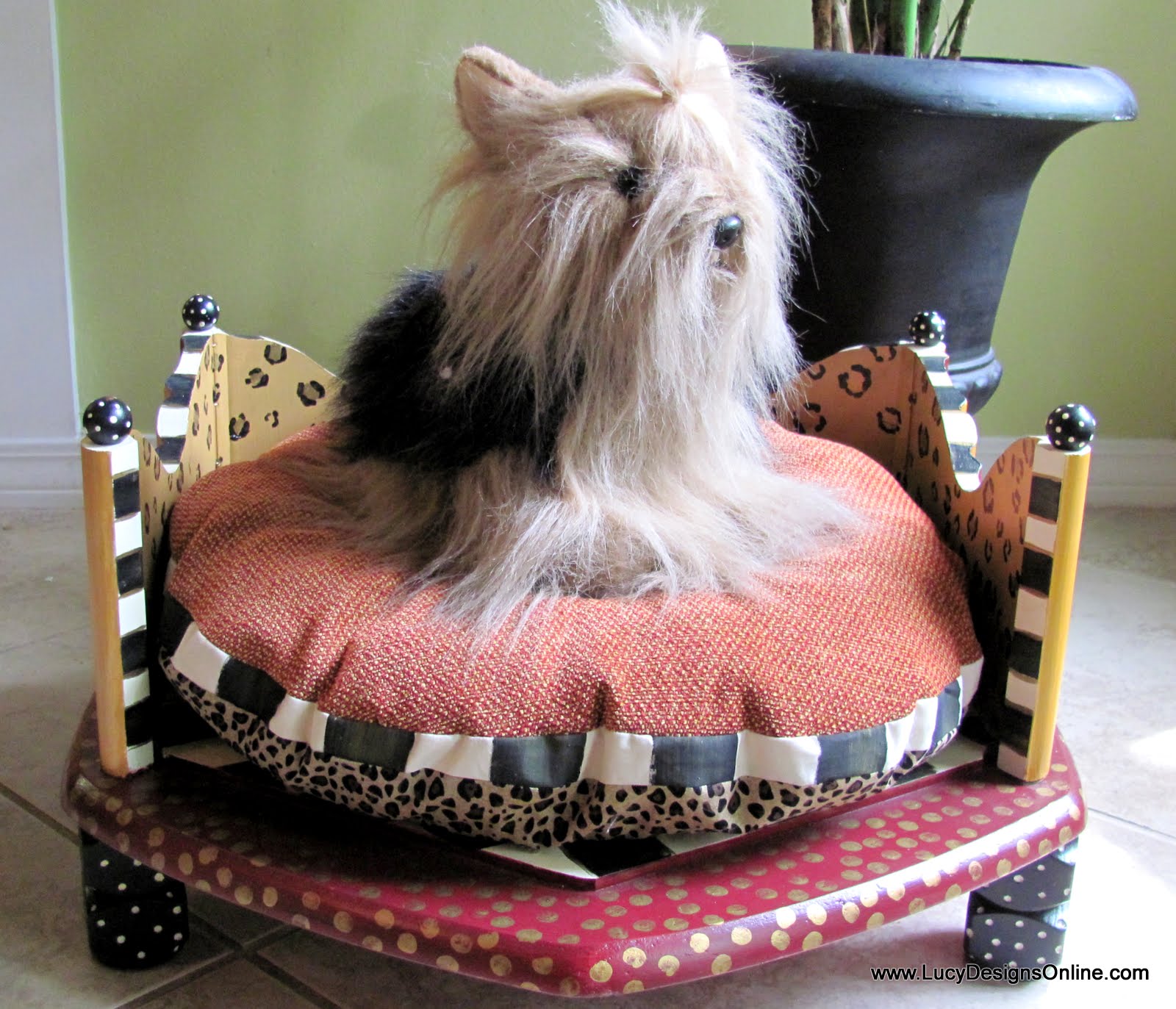 Hand Painted Round Dog Beds Made From an End Table in Zebra and Leopard