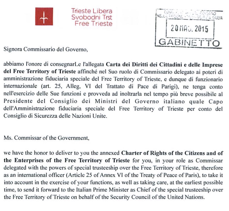 20 marzo 2015: Trieste Libera trasmette la Carta dei Diritti dei Cittadini e delle imprese del Free Territory of Trieste al Commissario del Governo.