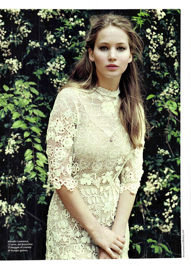 JENNIFER LAWRENCE in a see through dress surrounded by green leafs , photo from Italy’s Gioia Magazine May 2012 Issue