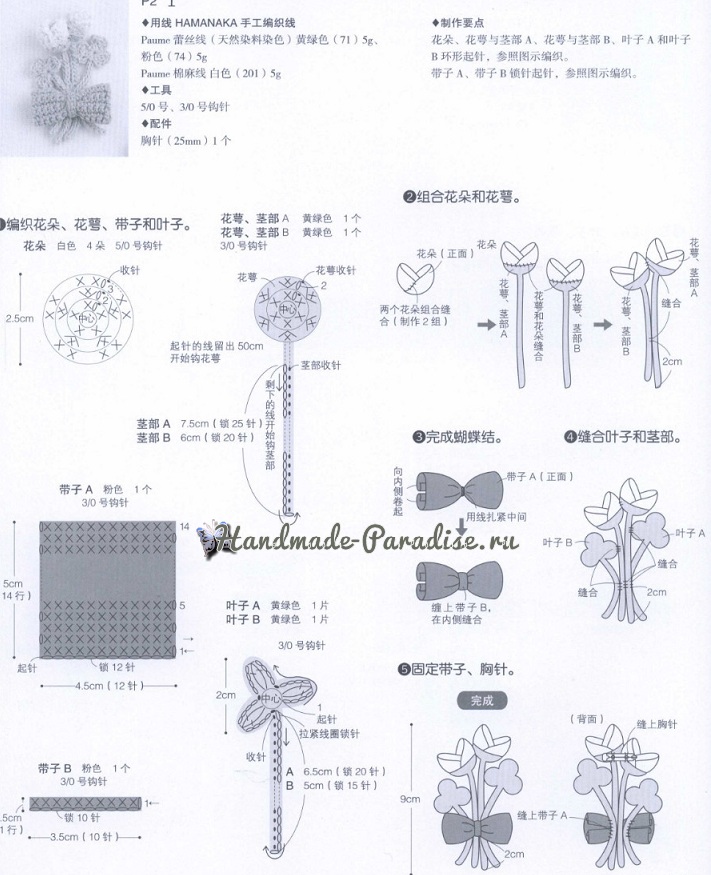 Схемы вязания цветов и других украшений для создания аксессуаров