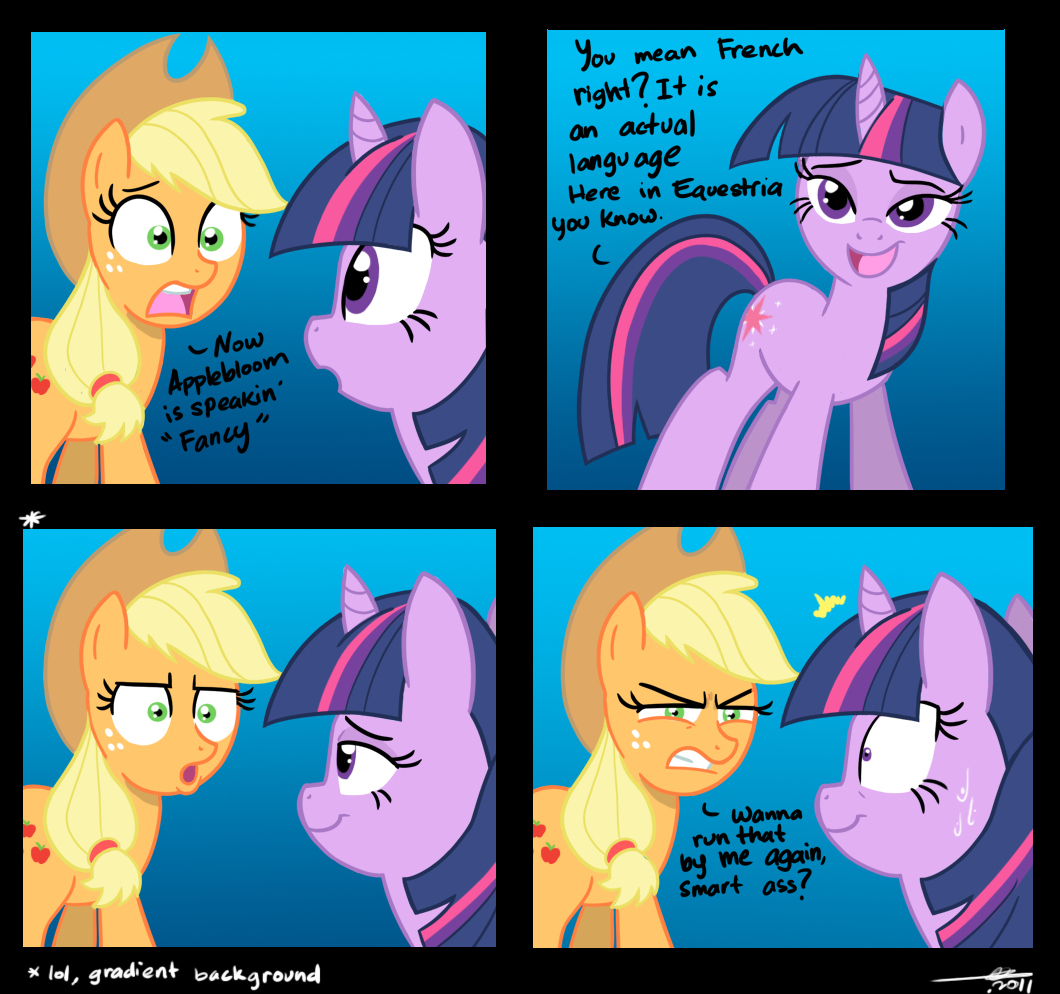 Funny pictures, videos and other media thread! - Page 3 88540+-+applejack+artist+thex-plotion+comic+lol_gradient_background+smartass+twilight_sparkle