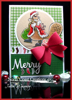 North Coast Creations Stamp set: Santa Buford, Our Daily Bread Designs Custom Dies: Flourished Star Pattern, Merry Christmas, Medium Bow, Circle Ornaments, Matting Circles