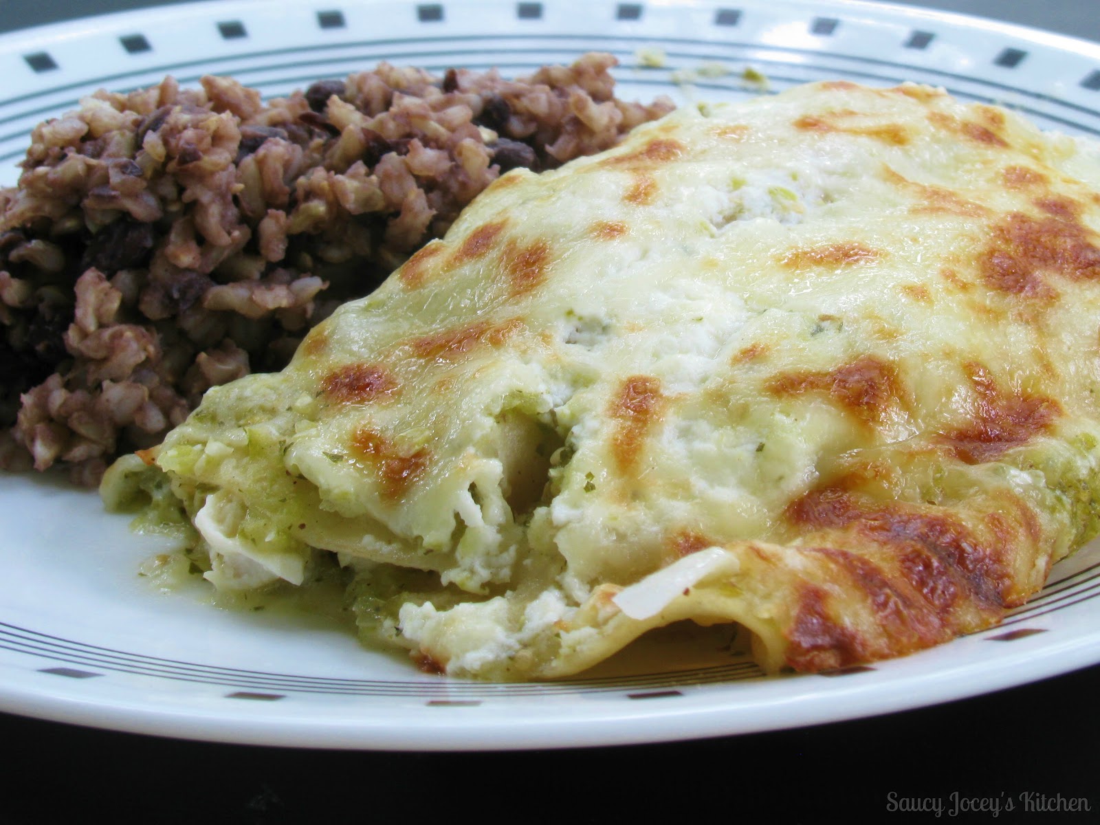 Saucy Jocey's Kitchen Chicken Enchiladas with Tomatillo Sauce