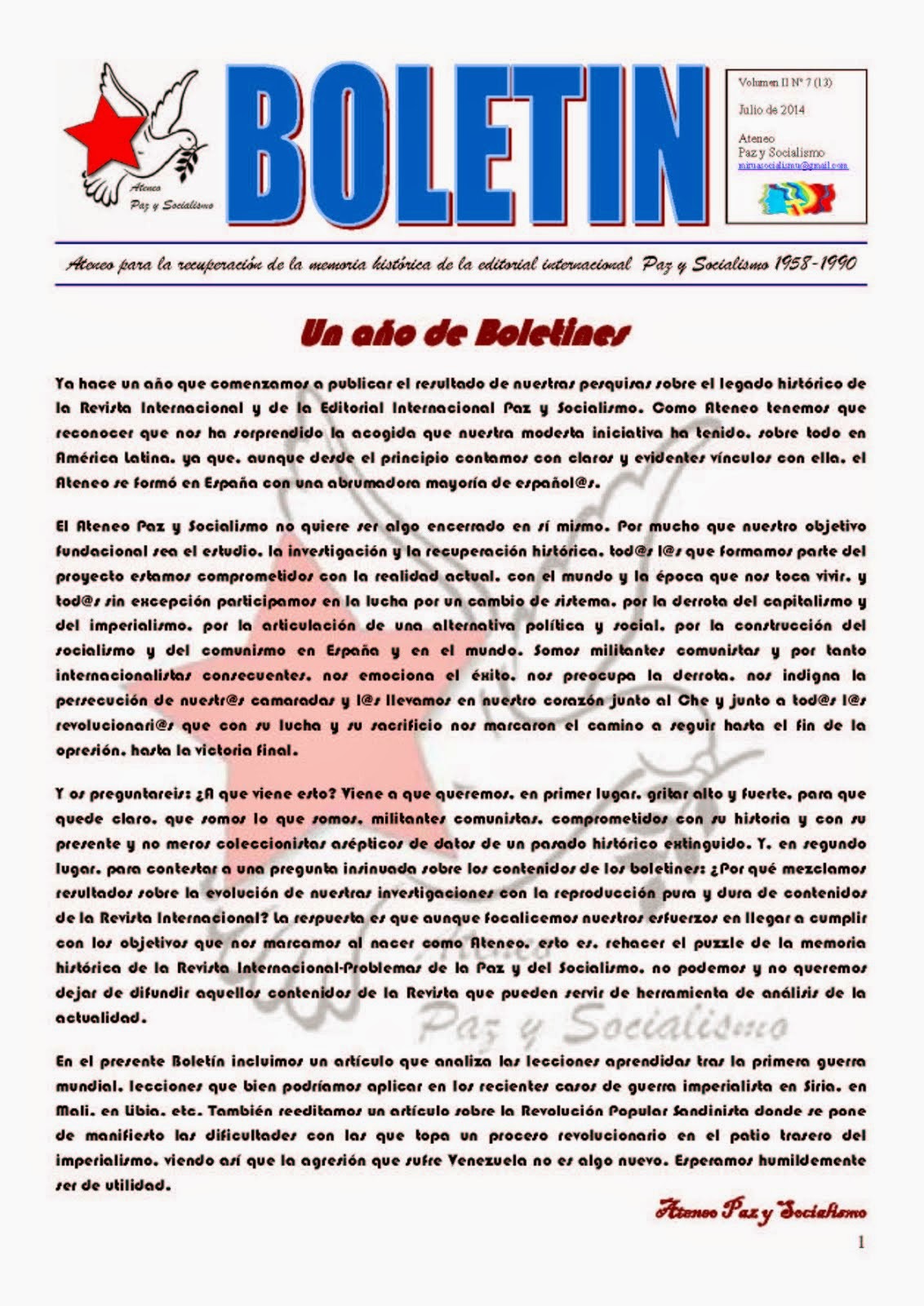 BOLETIN Nº13 DEL ATENEO PAZ Y SOCIALISMO - JULIO DE 2014