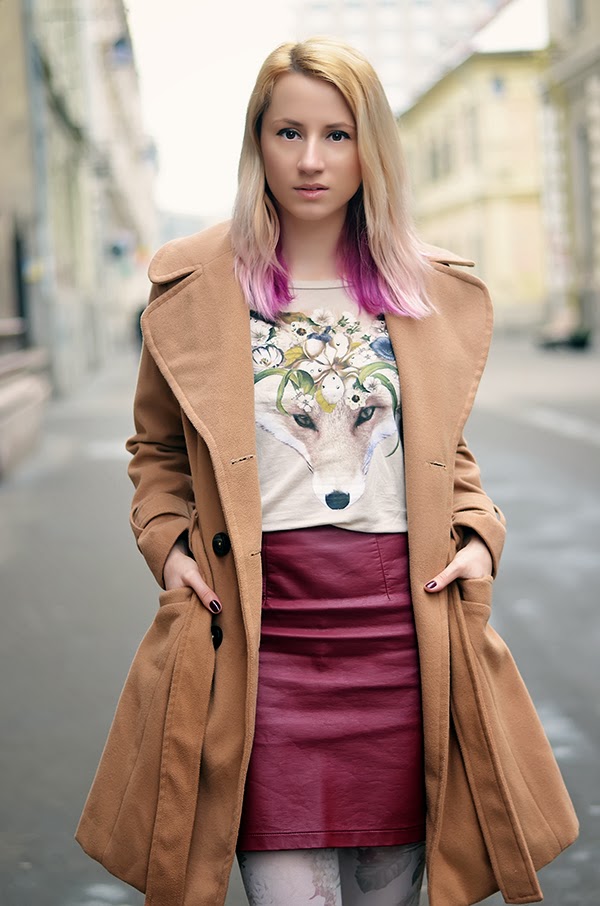floral t-shirt fox print burgundy leather skirt camel coat