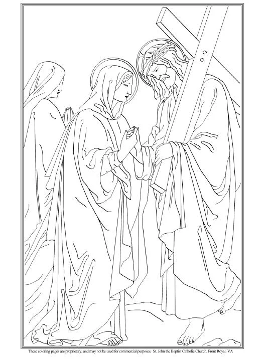María encuentra a Jesús, cargado con la Cruz colorear