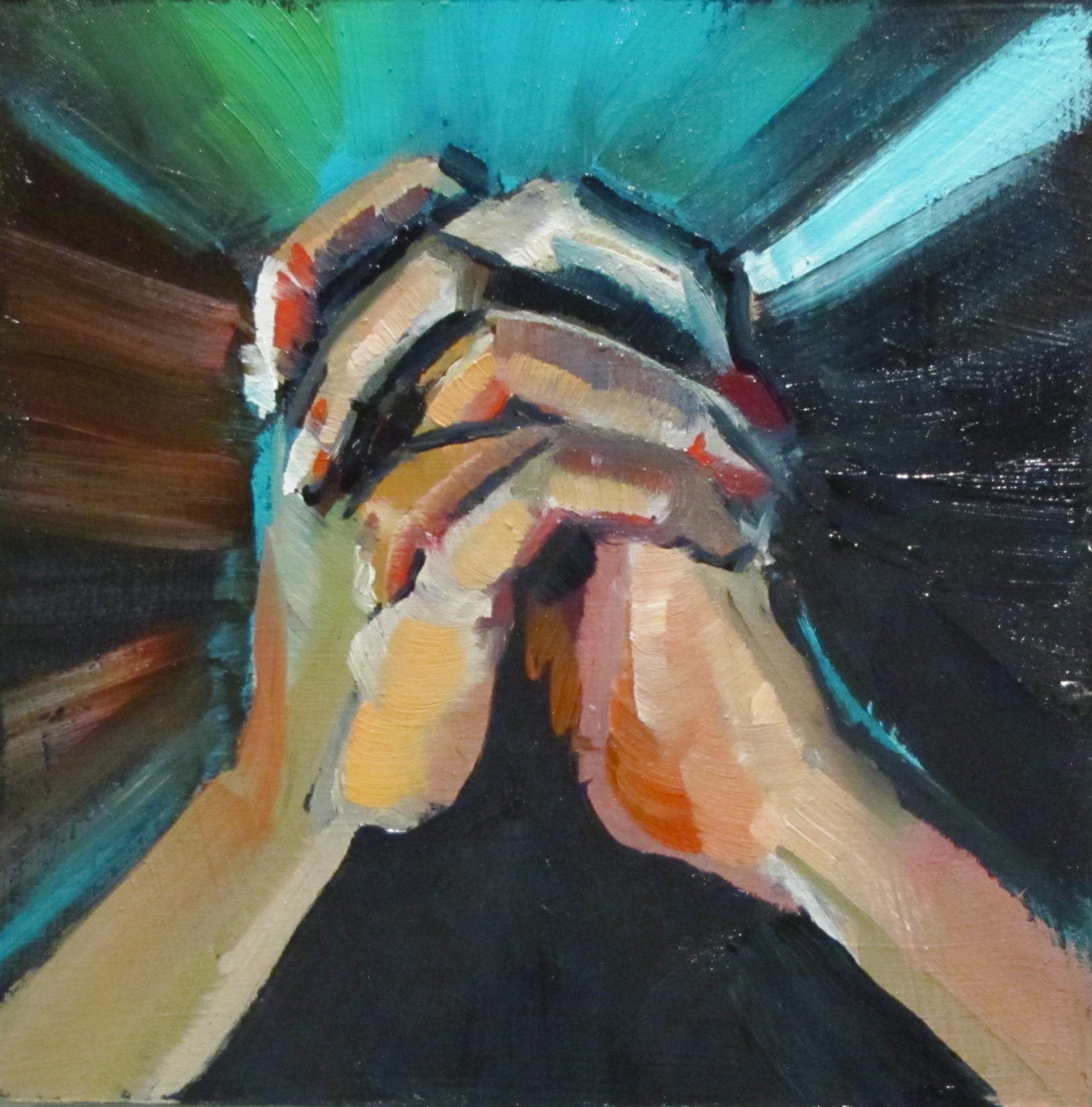 Christine Holzschuh Figuratively Speaking Hands oil 4"x4" figurative