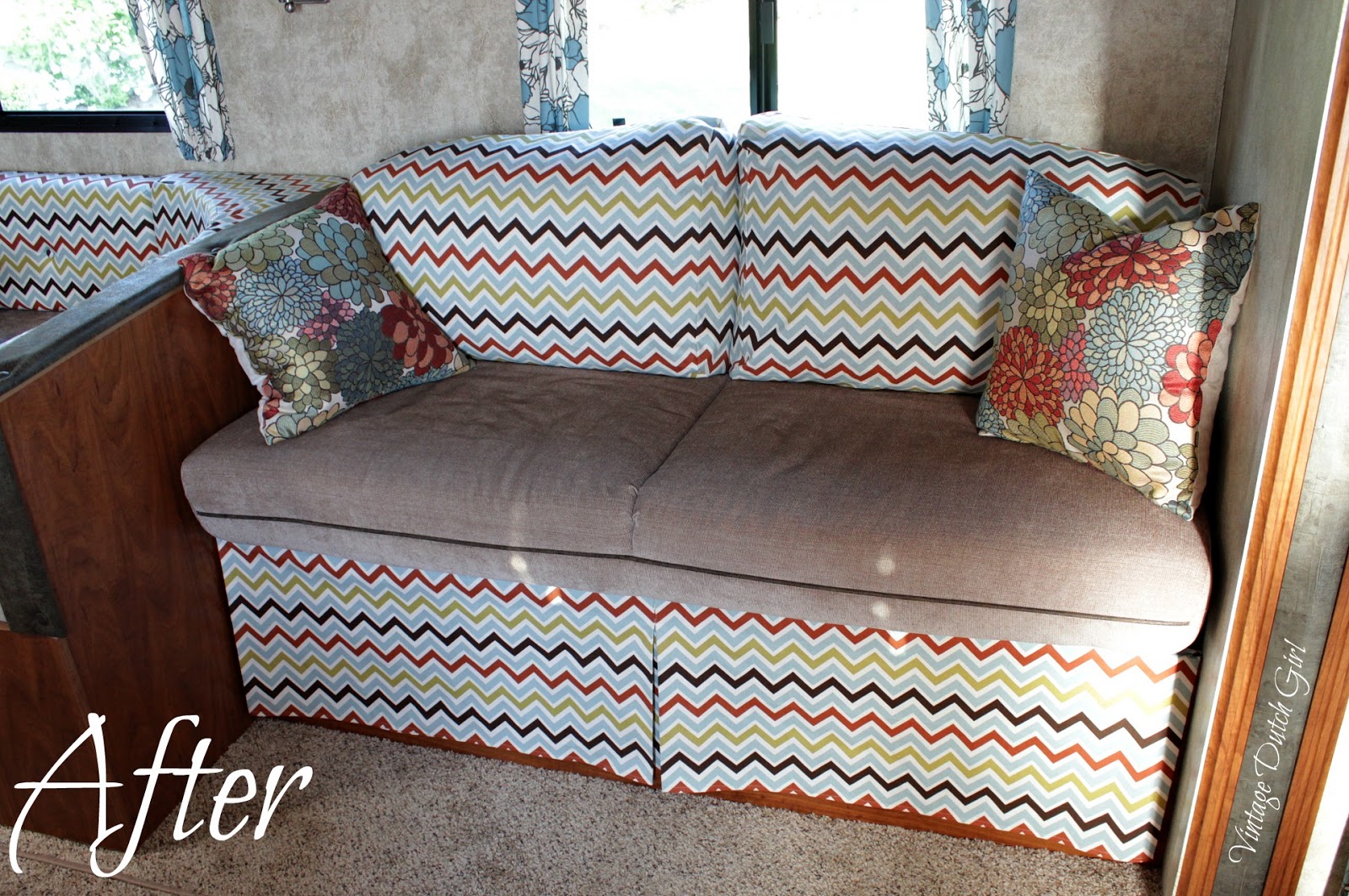 Vintage Dutch Girl Travel Trailer Makeover, Part 7 Chevron Slipcovered Couch
