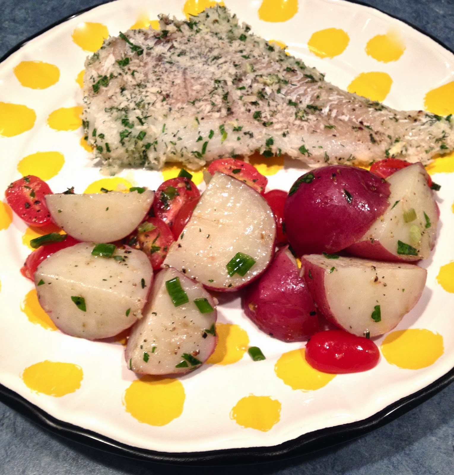 Herb Crusted Cod with Potato Tomato Salad