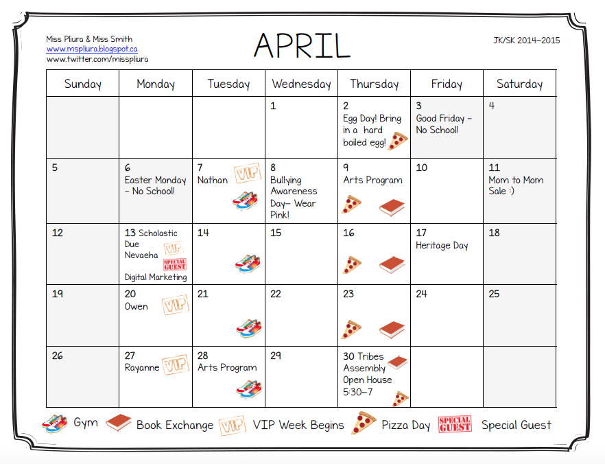 Miss Pliura's Kindergarten Class April Calendar