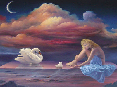 Pintura surrealista al óleo de Mujer y Cisne