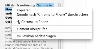 Ein Screenshot zeigt ein Drop-Down Menü, das die Auswahl "Chrome to Phone" enthält
