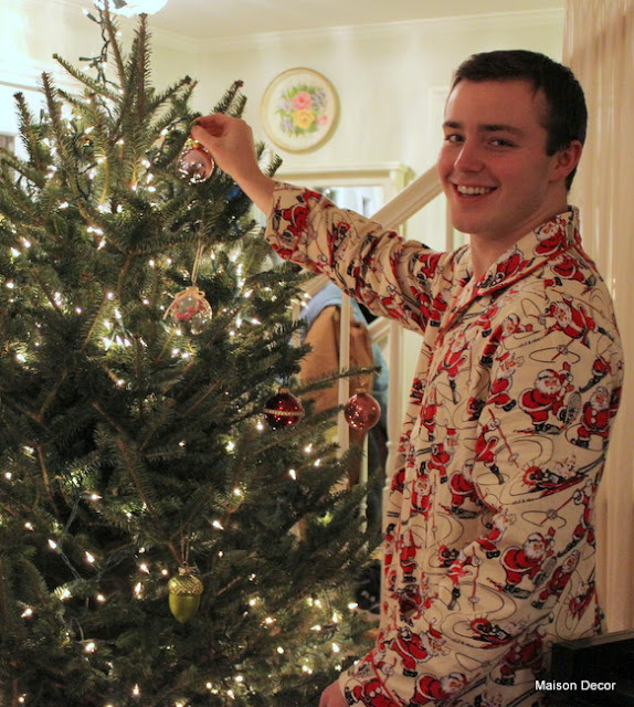 Maison Decor Tree trimming party at home in matching PJs!