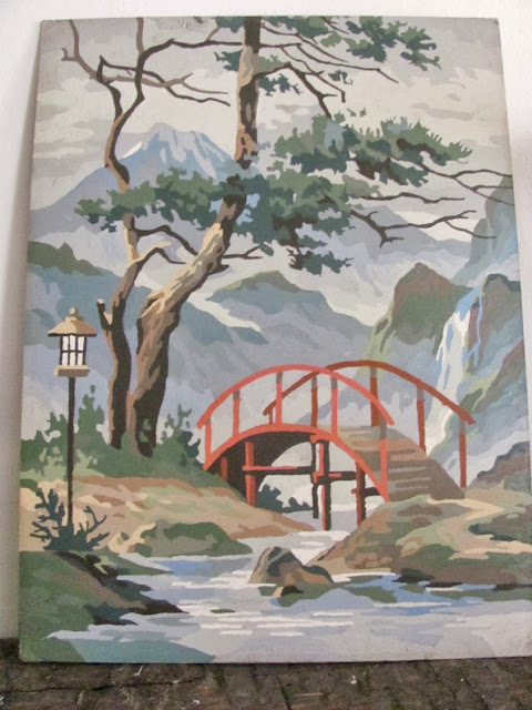 paint by number vintage painting of a mountain and bridge