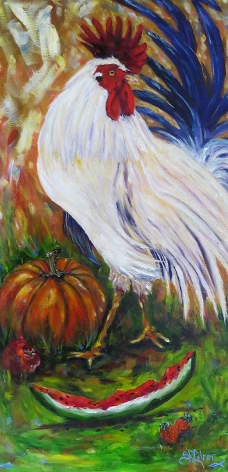 Rooster with pumpkin,watermelon,apple oils on canvas