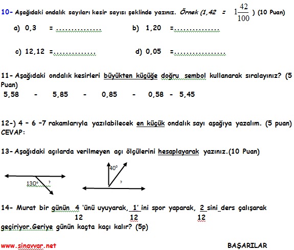 4. Sinif Matematik 2. Dönem 2. Yazılı Soruları 2013 - Ödevvar,oguz hoca