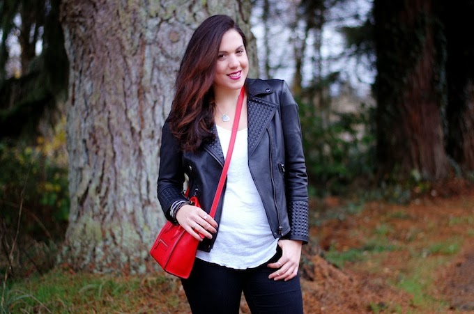 Zara studded leather jacket and Celine Nano luggage