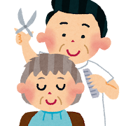 老人の髪を切る床屋さんのイラスト