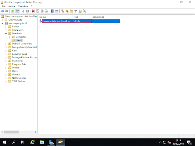 Account utente creato in Active Directory Account utente creato in Active Directory