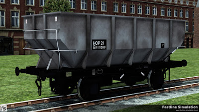 Fastline Simulation. This dia. 1/141 21T coal hopper has seen a little bit of traffic and has gained large HOP 21 branding.