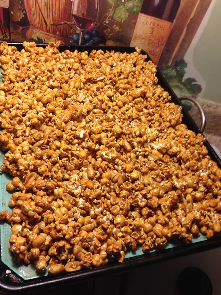 Cooking Homemade Caramel Corn (with nuts) One Brown Mom