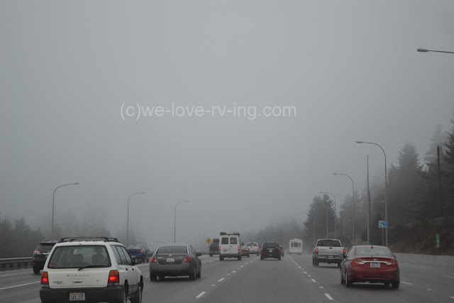 Heavy fog and slow traffic on I-5 at Everett, WA