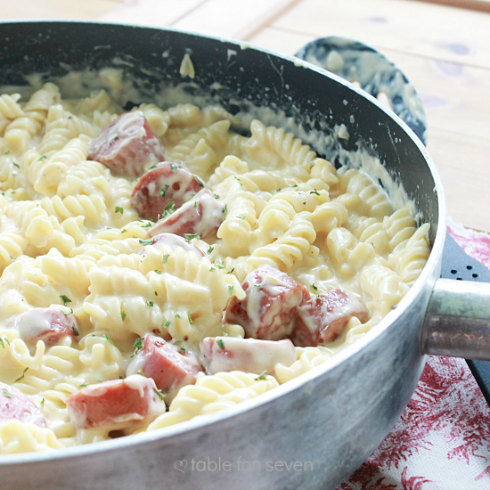 Skillet Mac n Cheese with Turkey Kielbasa • Table for Seven